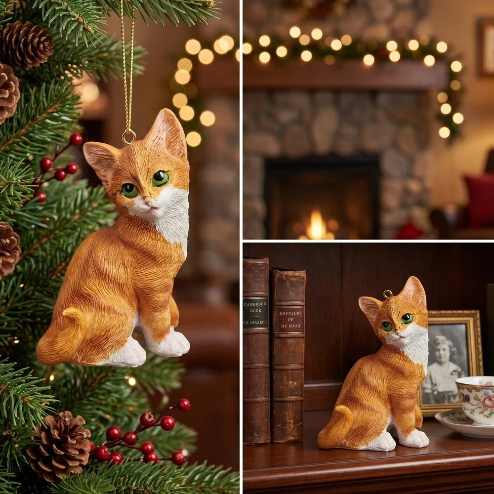 Vintage Orange Tabby Cat Christmas Ornament Figurine Green Eyes Resin 3 Inch